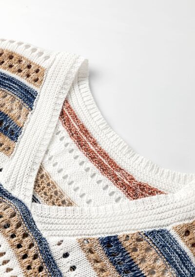 Striped Hollow Out Half Sleeve Knit Top.