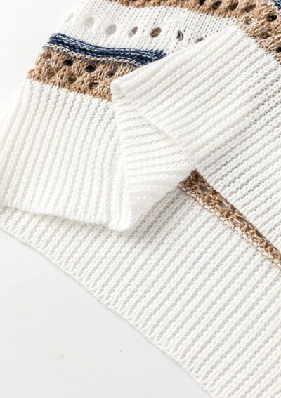 Striped Hollow Out Half Sleeve Knit Top.