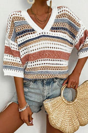 Striped Hollow Out Half Sleeve Knit Top.
