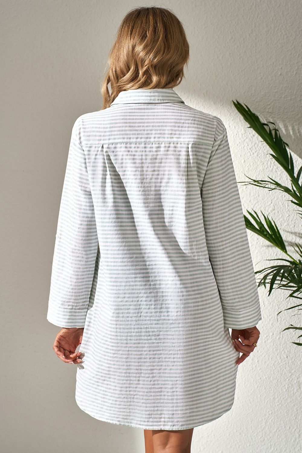 Striped Johnny Collar Long Sleeve Mini Shirt Dress.