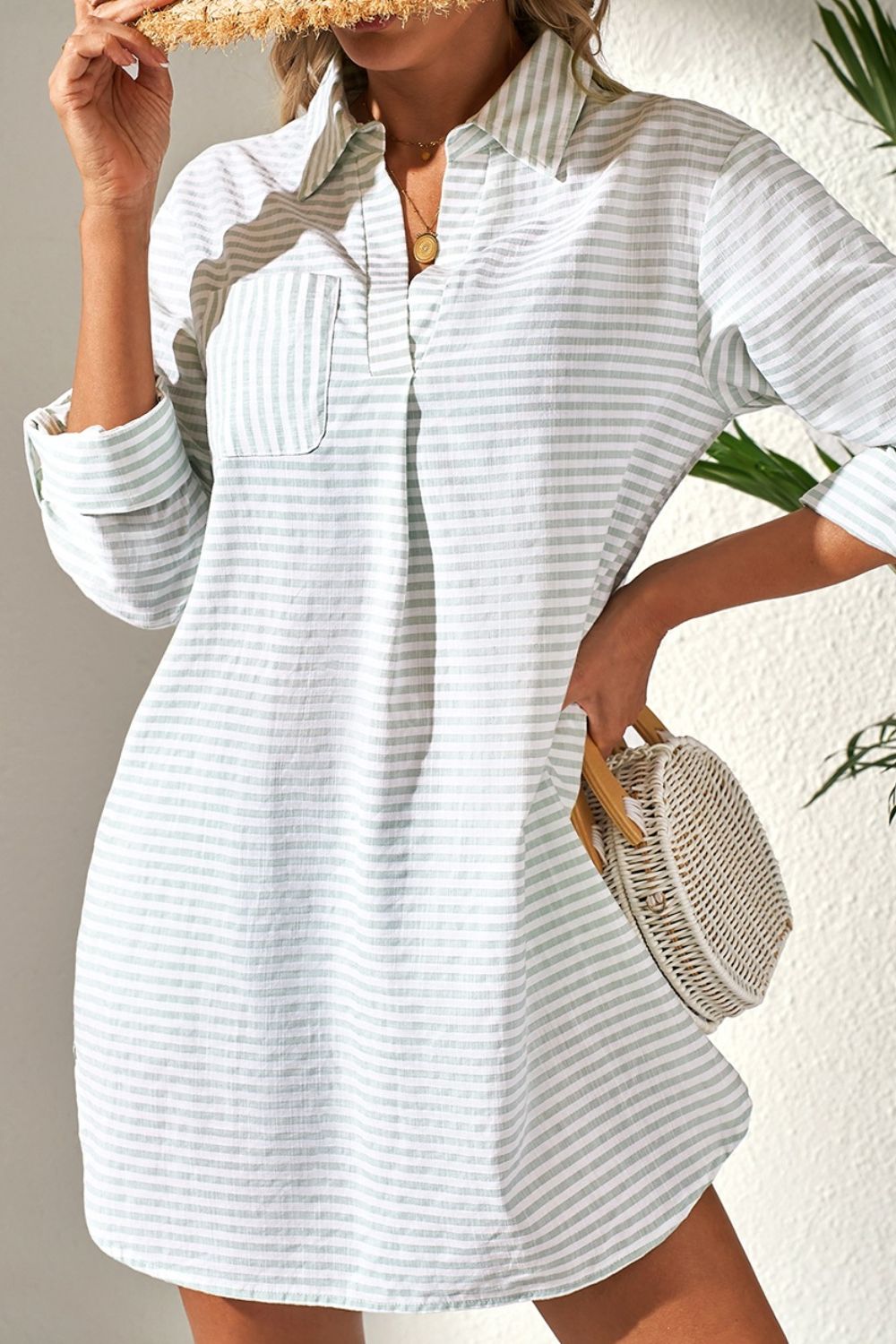 Striped Johnny Collar Long Sleeve Mini Shirt Dress.
