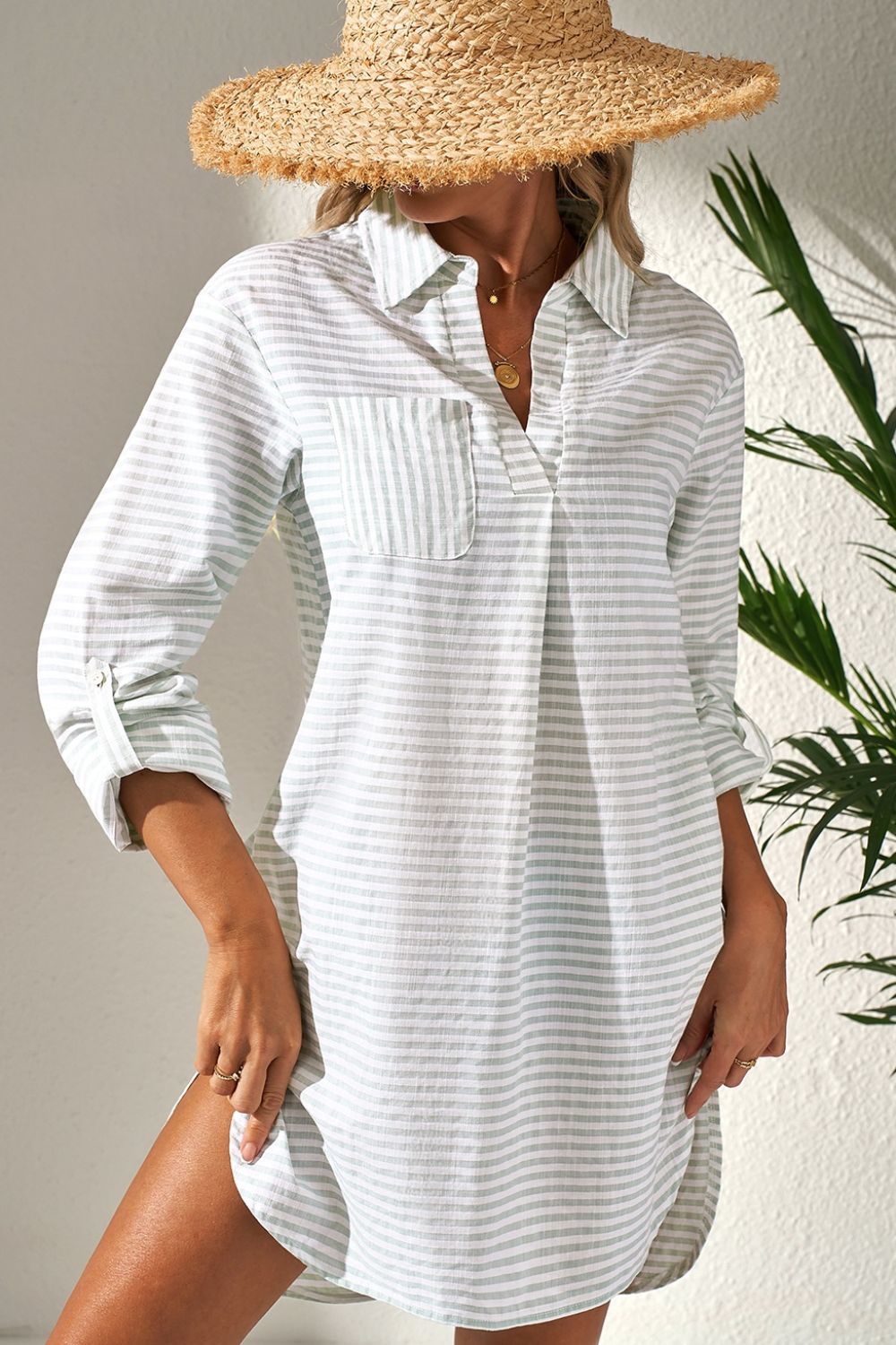 Striped Johnny Collar Long Sleeve Mini Shirt Dress.