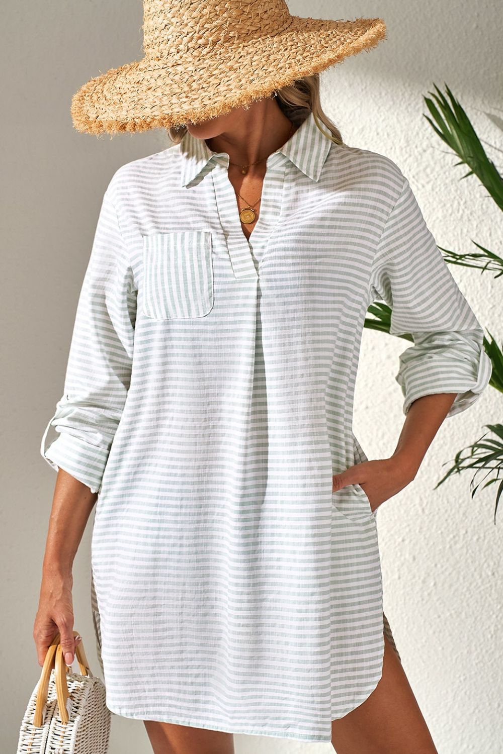 Striped Johnny Collar Long Sleeve Mini Shirt Dress.