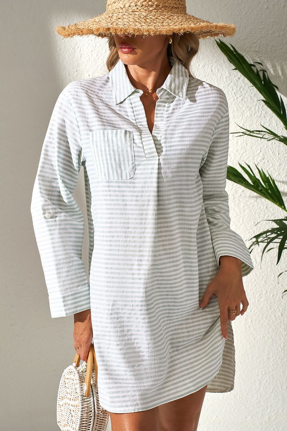 Striped Johnny Collar Long Sleeve Mini Shirt Dress.