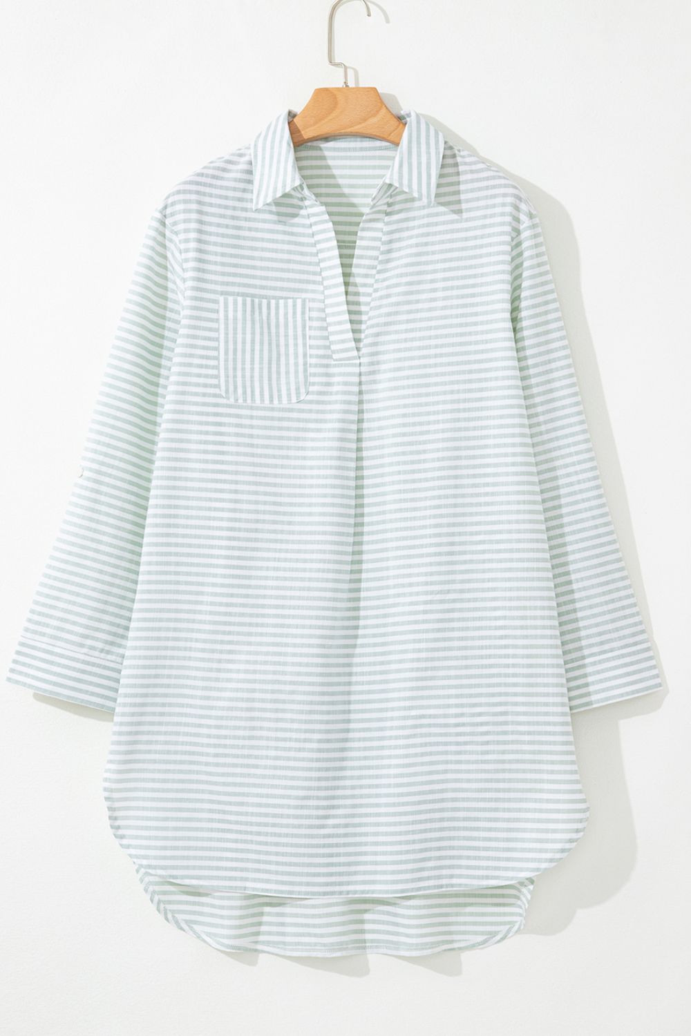 Striped Johnny Collar Long Sleeve Mini Shirt Dress.