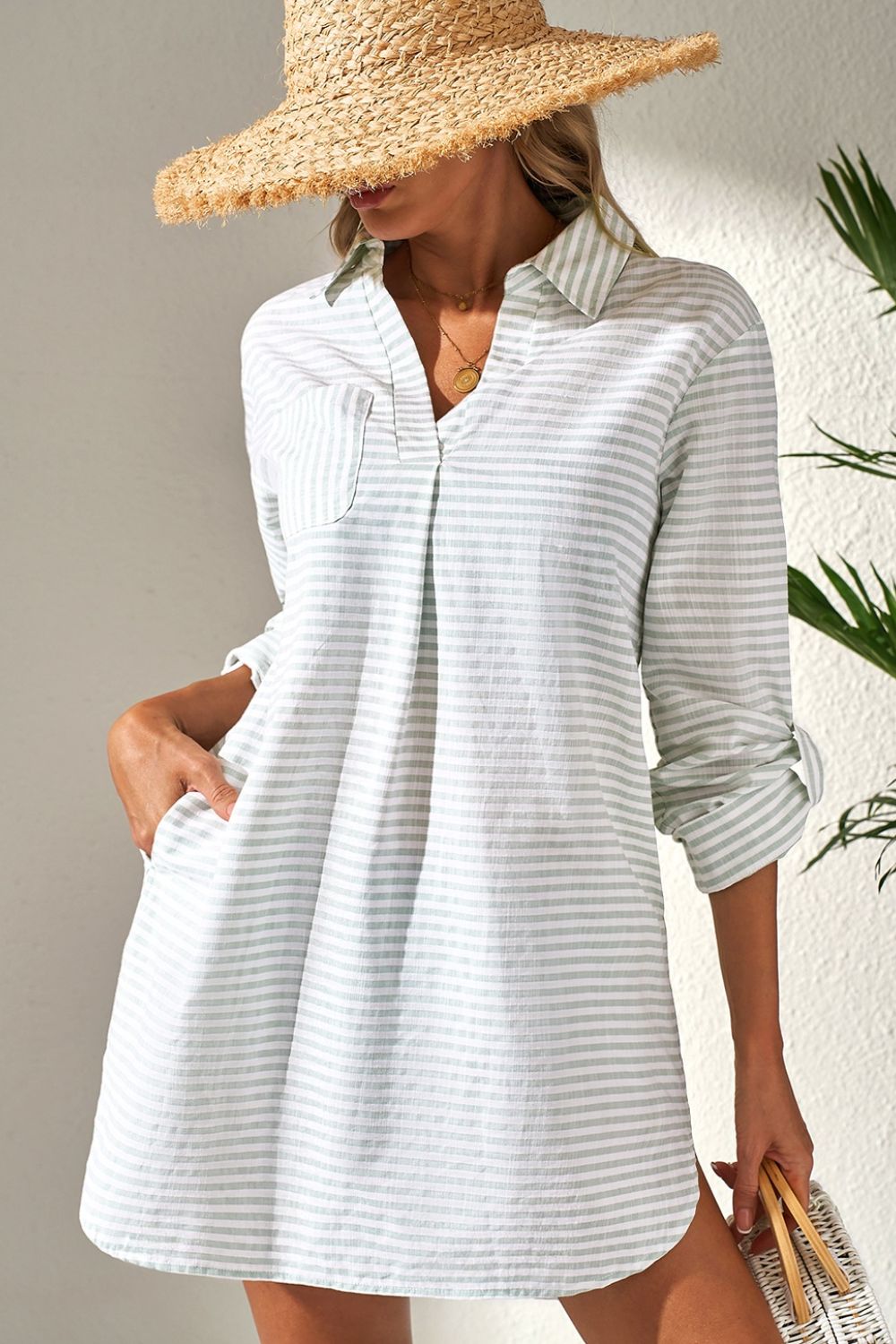 Striped Johnny Collar Long Sleeve Mini Shirt Dress.