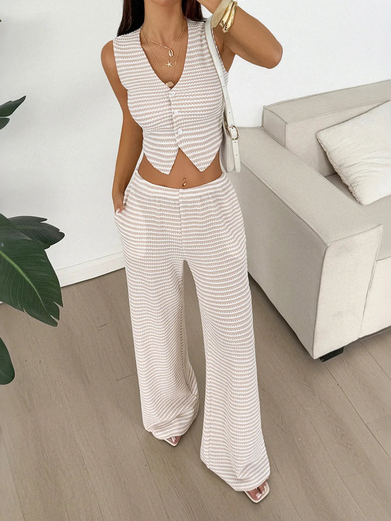 Striped Knit Vest and Pants Two-Piece Set.