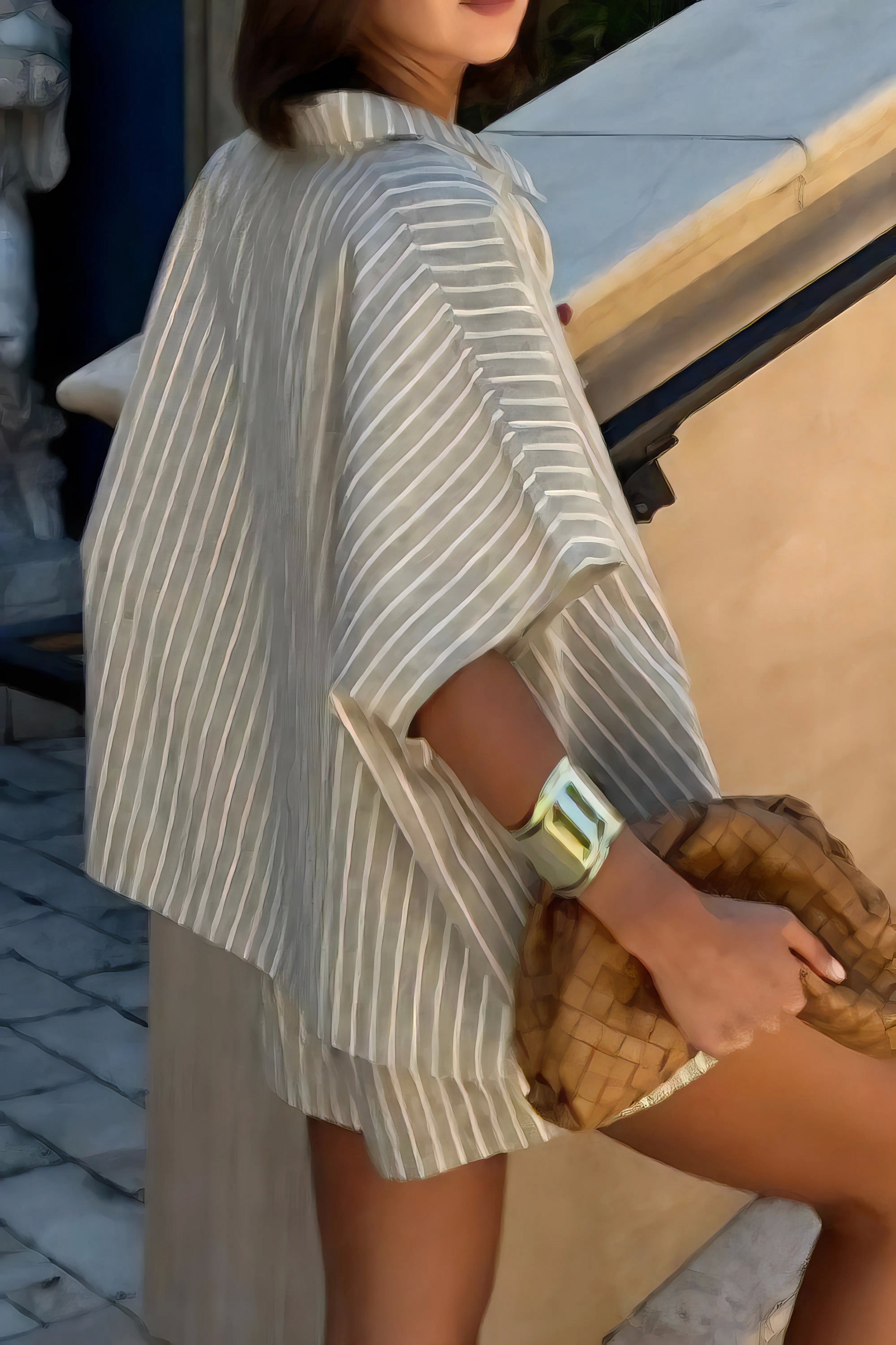 Striped linen shirt and shorts two-piece summer set, women's comfortable summer outfit, stylish striped linen, buttoned shirt, practical pockets, drawstring shorts, non-stretch polyester, ideal for warm weather and vacation