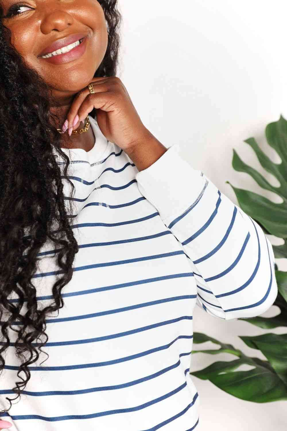 Double Take Striped Long Sleeve Round Neck Top.