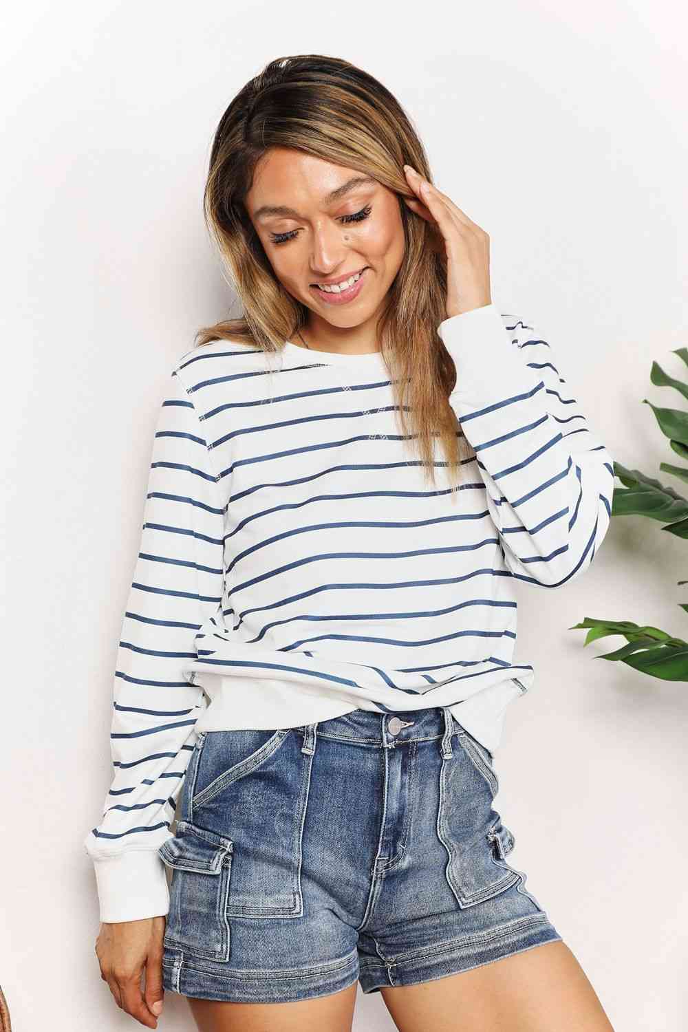 Double Take Striped Long Sleeve Round Neck Top.
