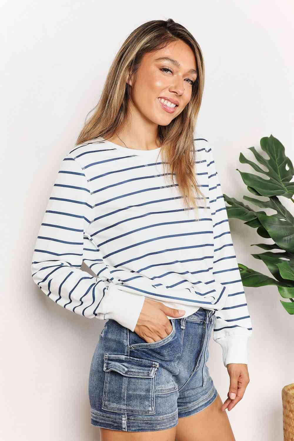 Double Take Striped Long Sleeve Round Neck Top.