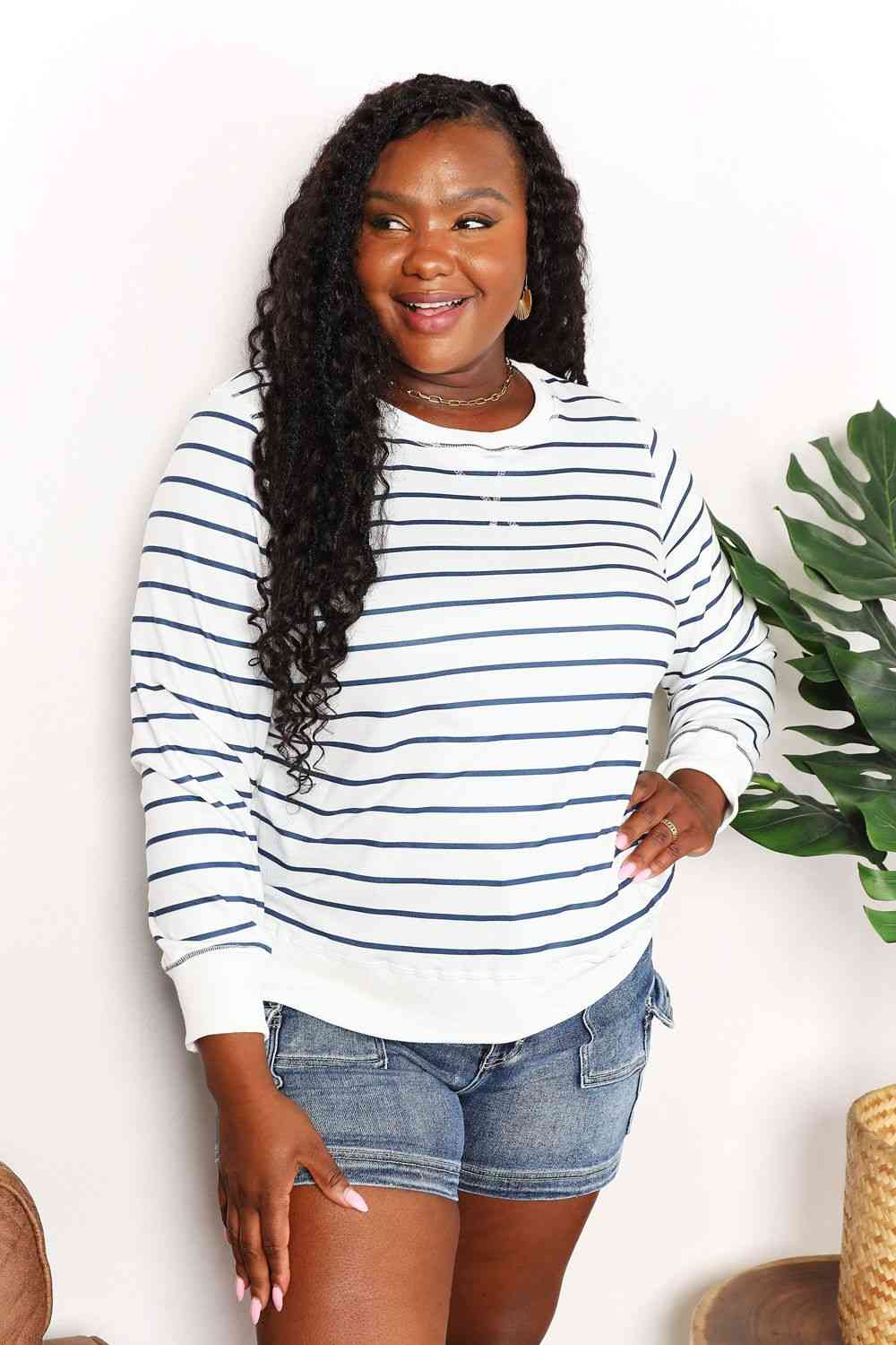 Double Take Striped Long Sleeve Round Neck Top.