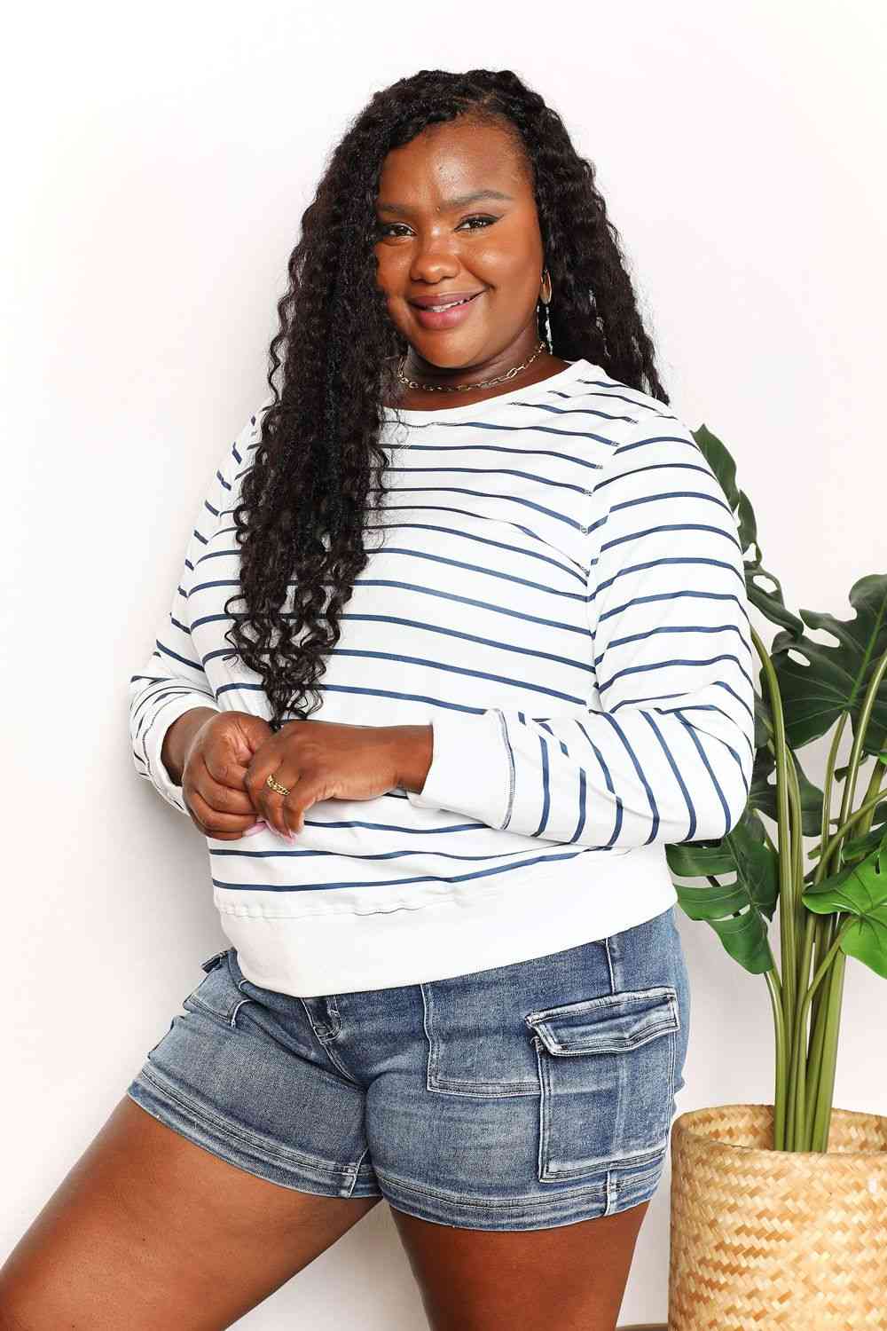 Double Take Striped Long Sleeve Round Neck Top.