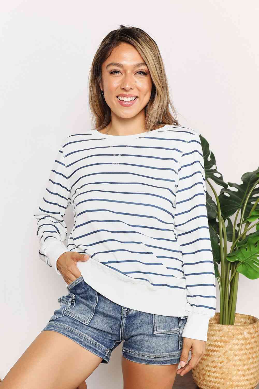 Double Take Striped Long Sleeve Round Neck Top.