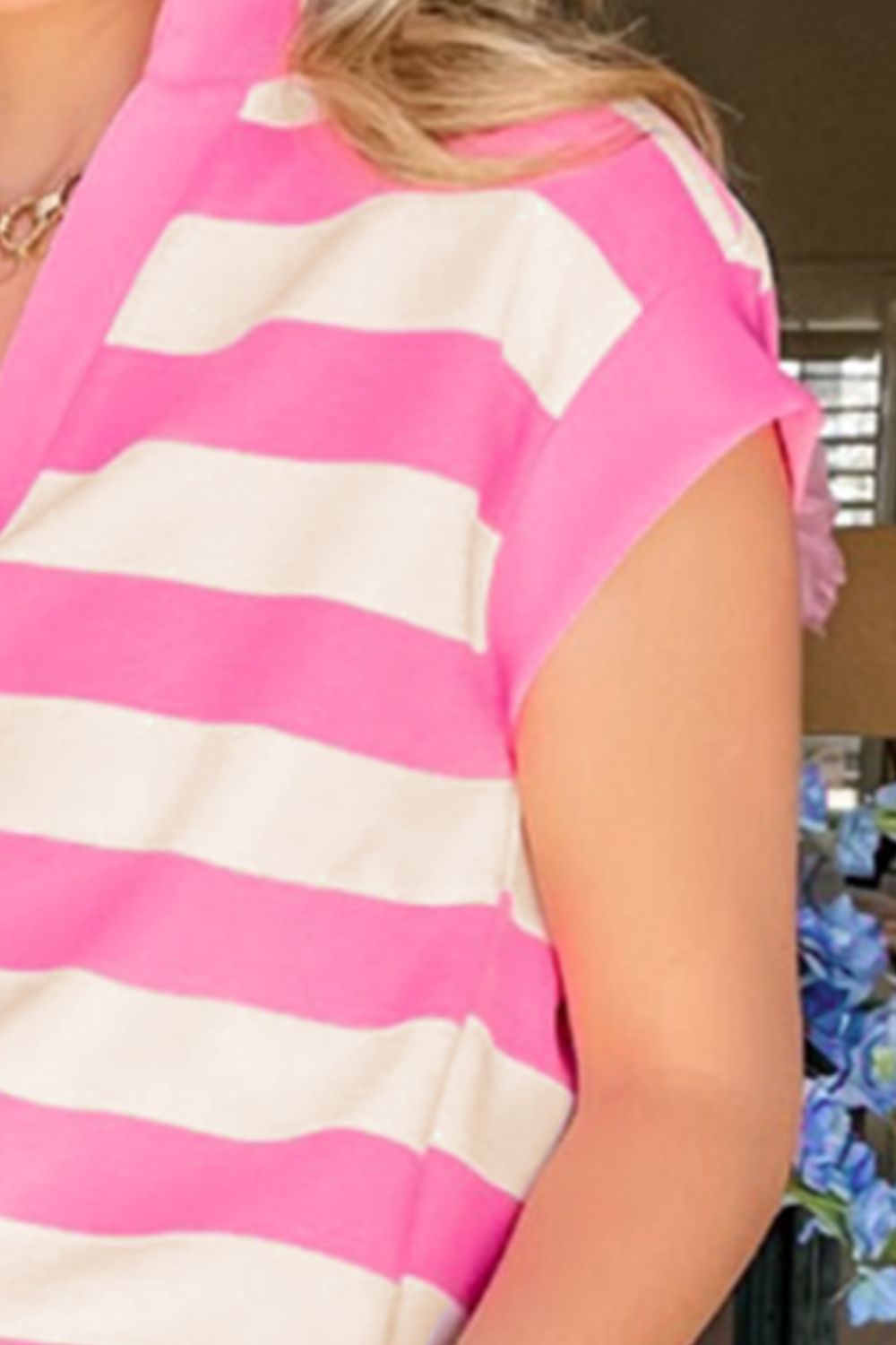 Striped Notched Cap Sleeve Blouse.