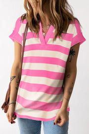 Striped Notched Cap Sleeve Blouse.