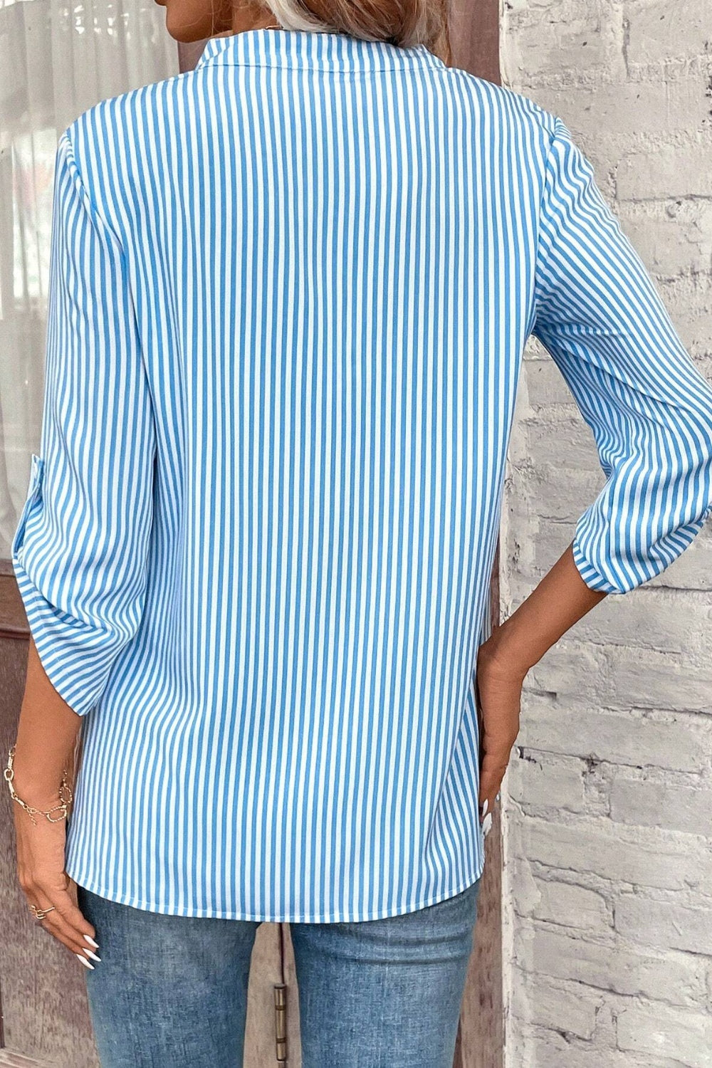 Striped Notched Roll-Tab Sleeve Shirt.