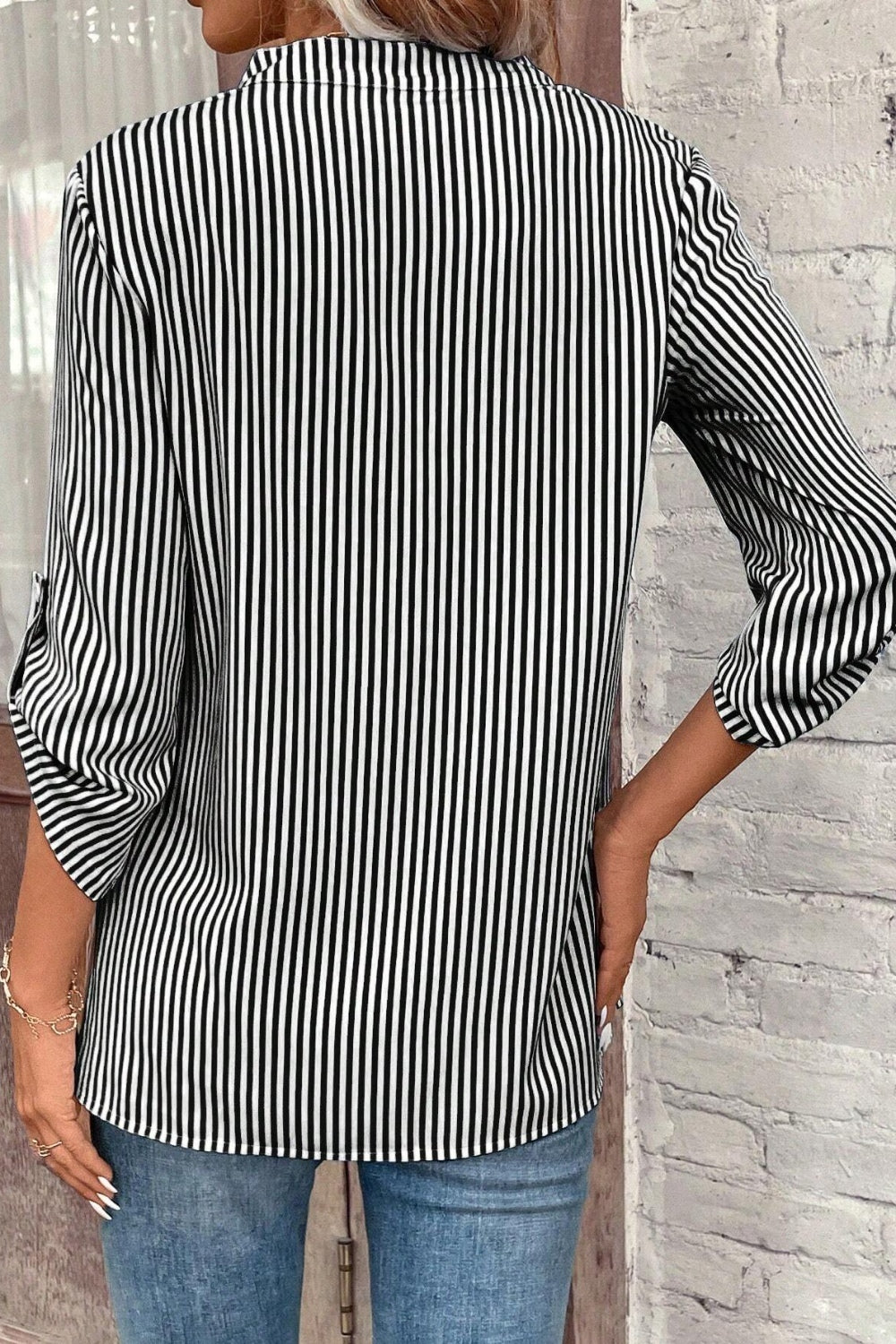 Striped Notched Roll-Tab Sleeve Shirt.