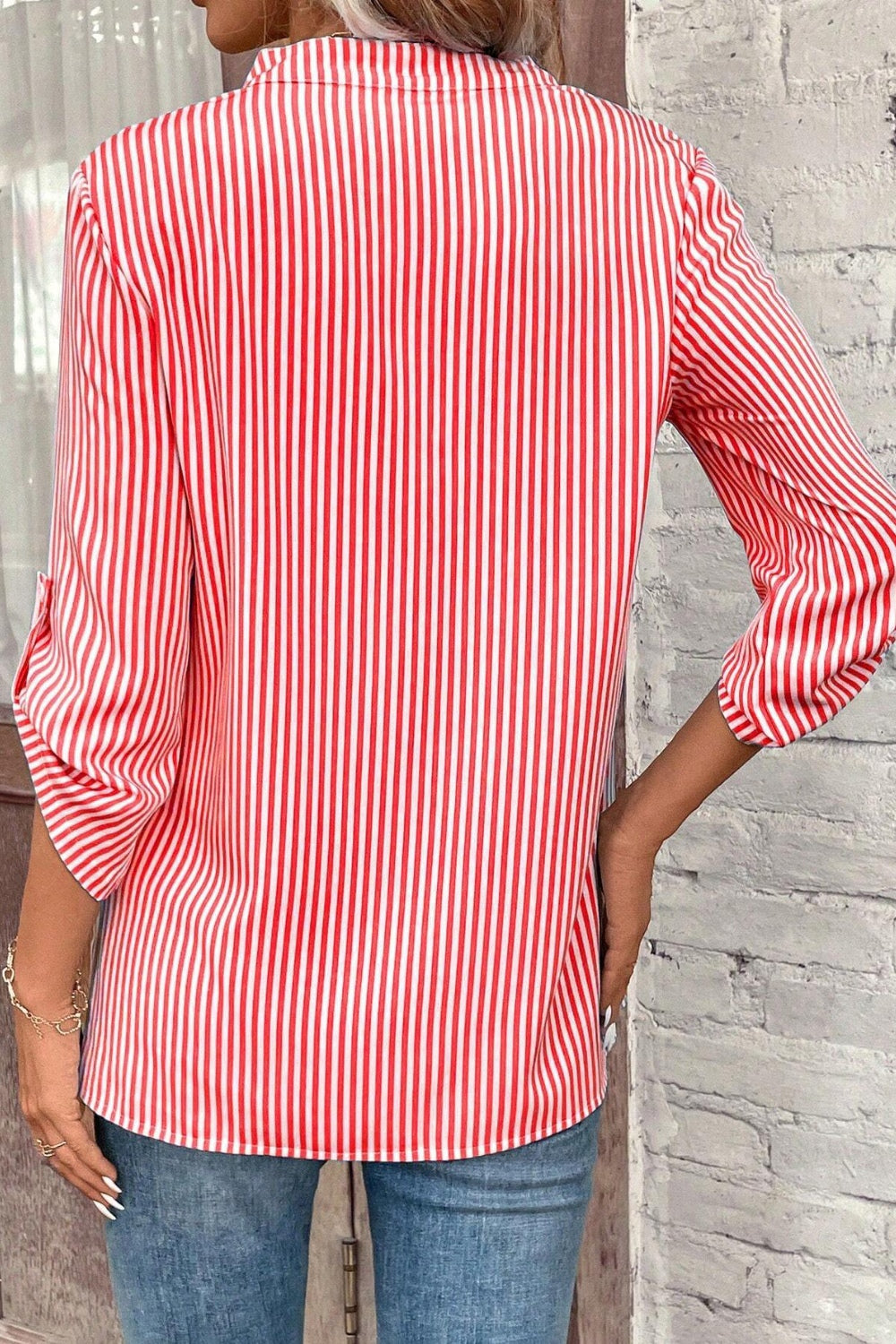 Striped Notched Roll-Tab Sleeve Shirt.