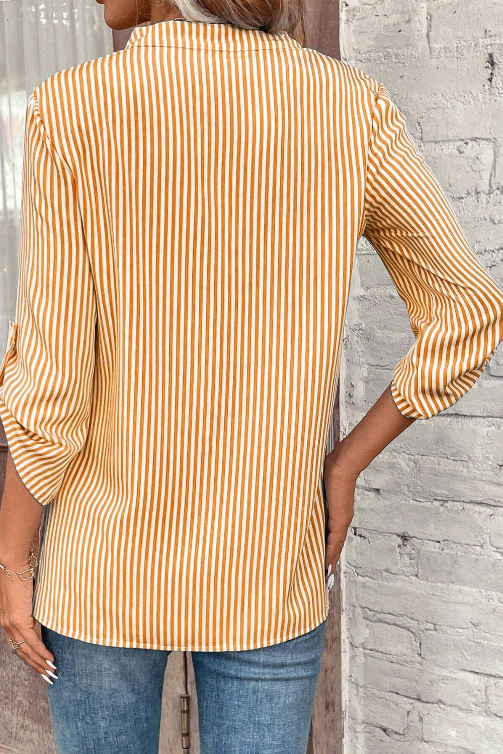Striped Notched Roll-Tab Sleeve Shirt.