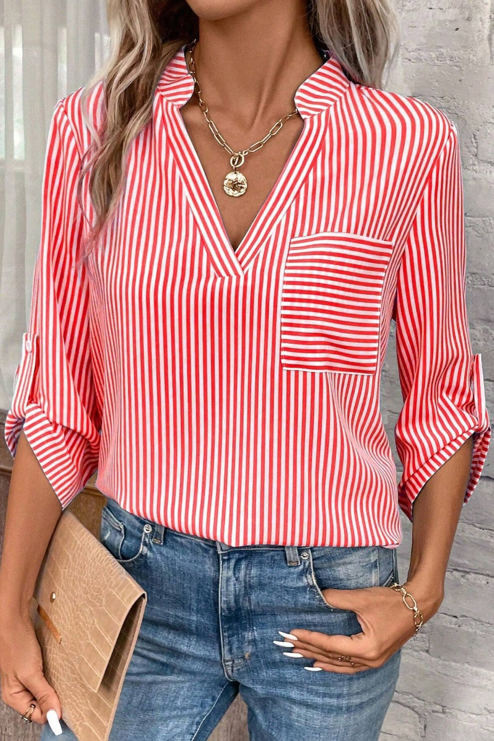 Striped Notched Roll-Tab Sleeve Shirt.