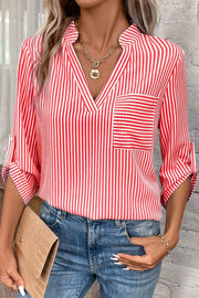 Striped Notched Roll-Tab Sleeve Shirt.