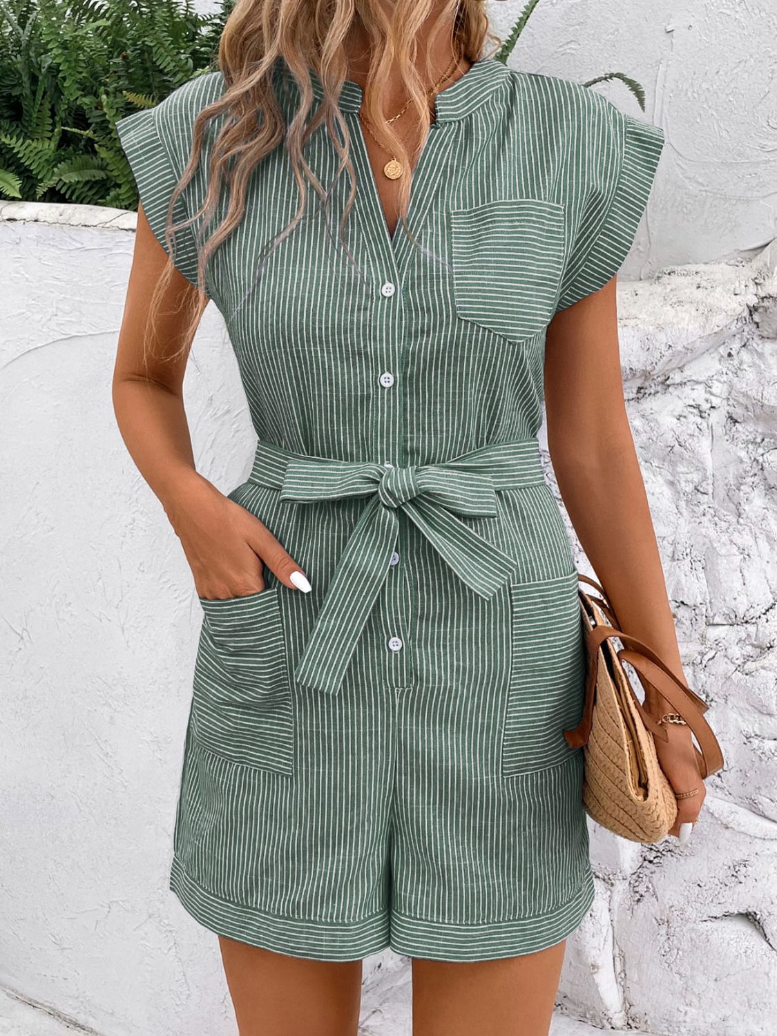 Striped Notched Tie Waist Romper with Buttons and Pockets.
