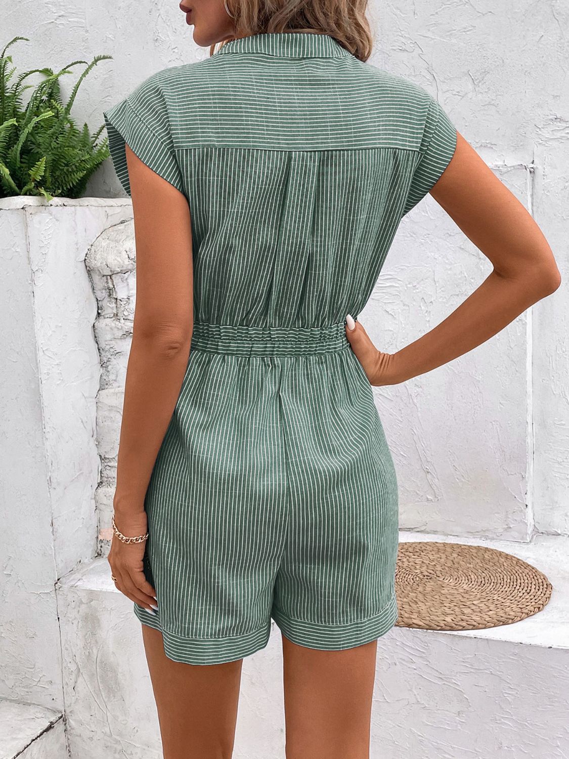 Striped Notched Tie Waist Romper with Buttons and Pockets.