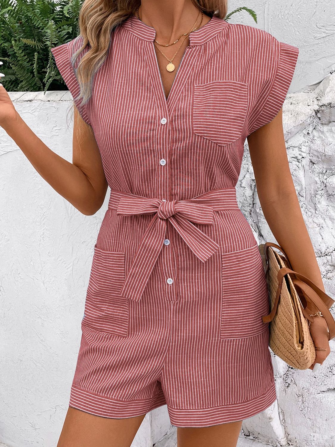 Striped Notched Tie Waist Romper with Buttons and Pockets.