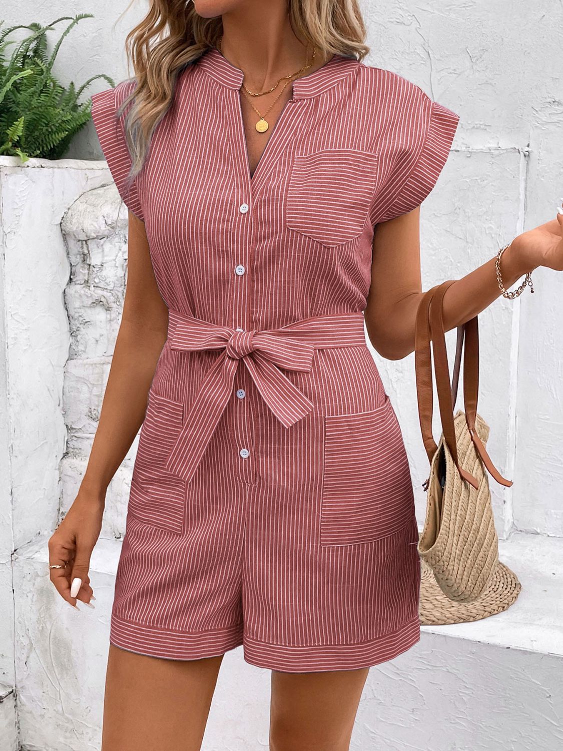 Striped Notched Tie Waist Romper with Buttons and Pockets.