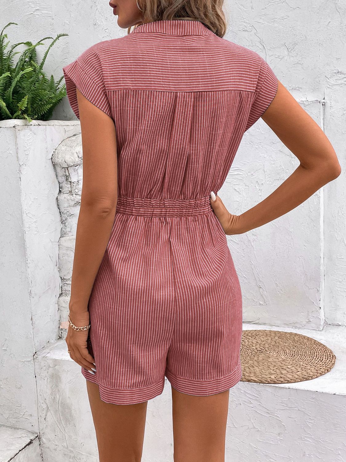 Striped Notched Tie Waist Romper with Buttons and Pockets.