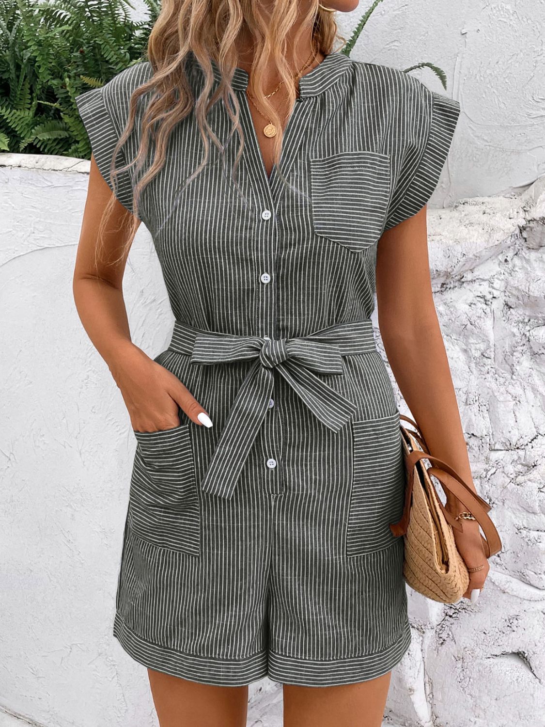 Striped Notched Tie Waist Romper with Buttons and Pockets.