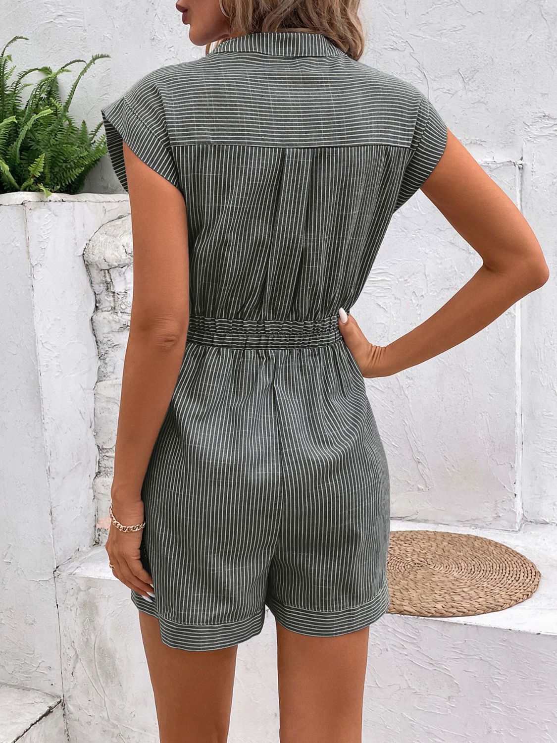 Striped Notched Tie Waist Romper with Buttons and Pockets.