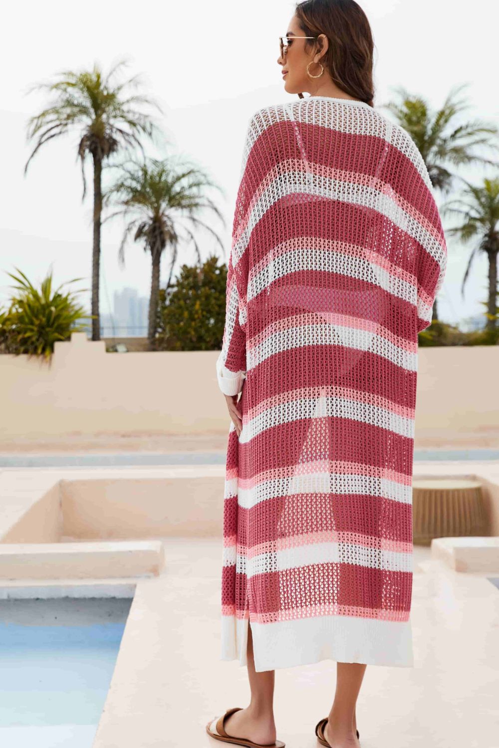 Striped Open Front Side Slit Duster Cover Up.