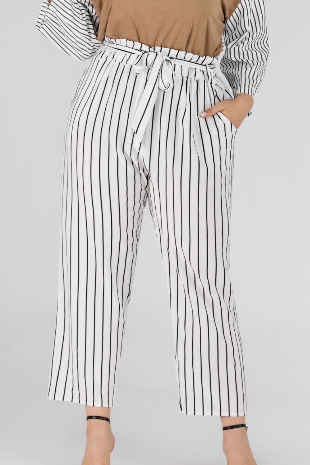 Striped paperbag waist cropped pants, casual style.