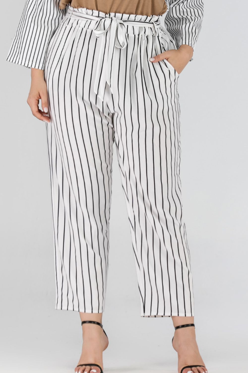 Striped paperbag waist cropped pants, casual style.