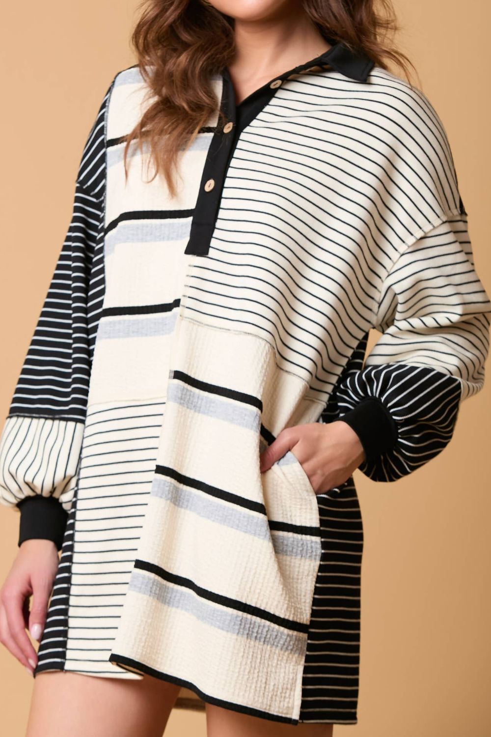 Striped Patchwork Long Sleeve Mini Dress.