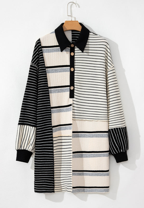 Striped Patchwork Long Sleeve Mini Dress.