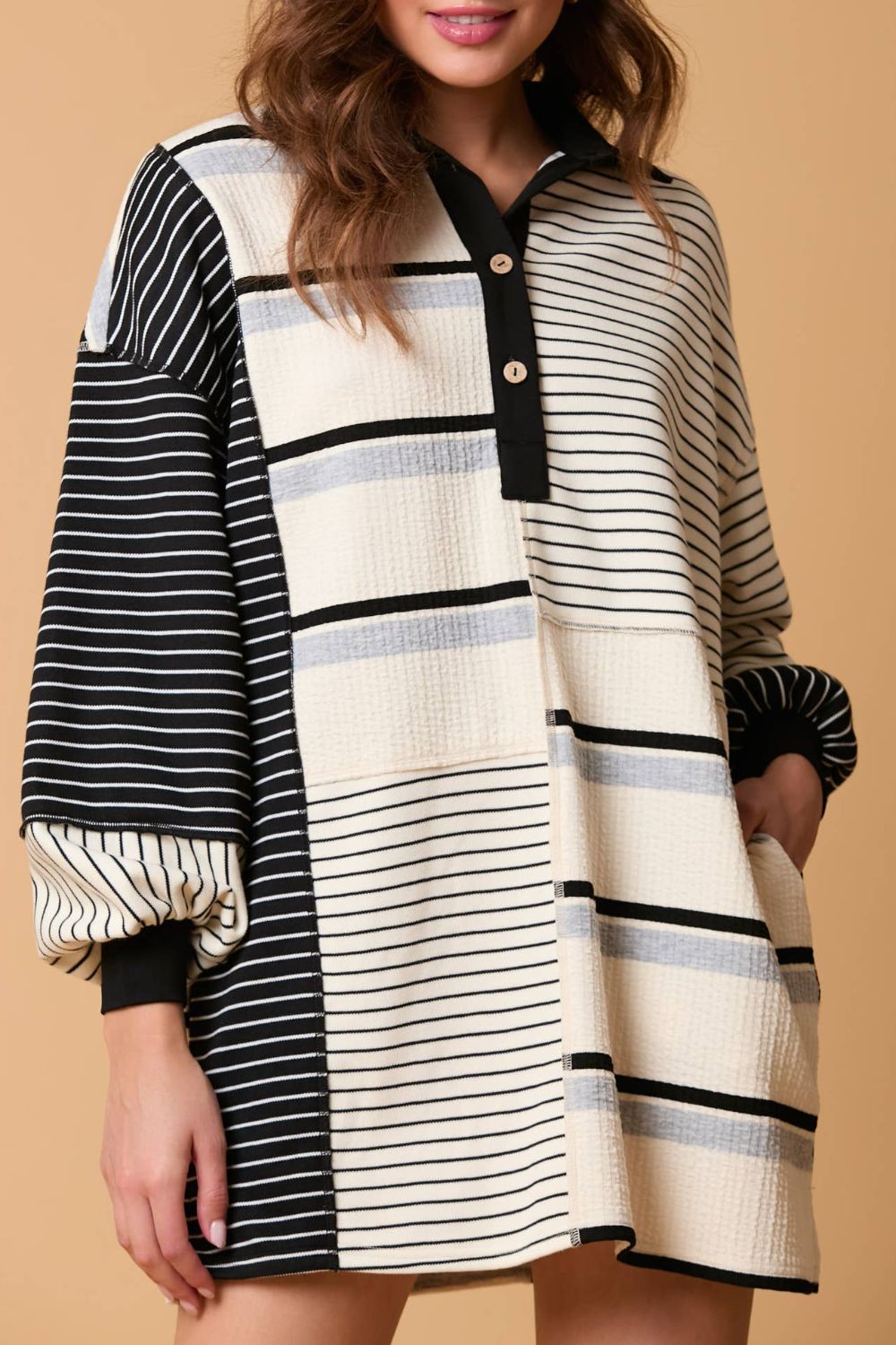 Striped Patchwork Long Sleeve Mini Dress.