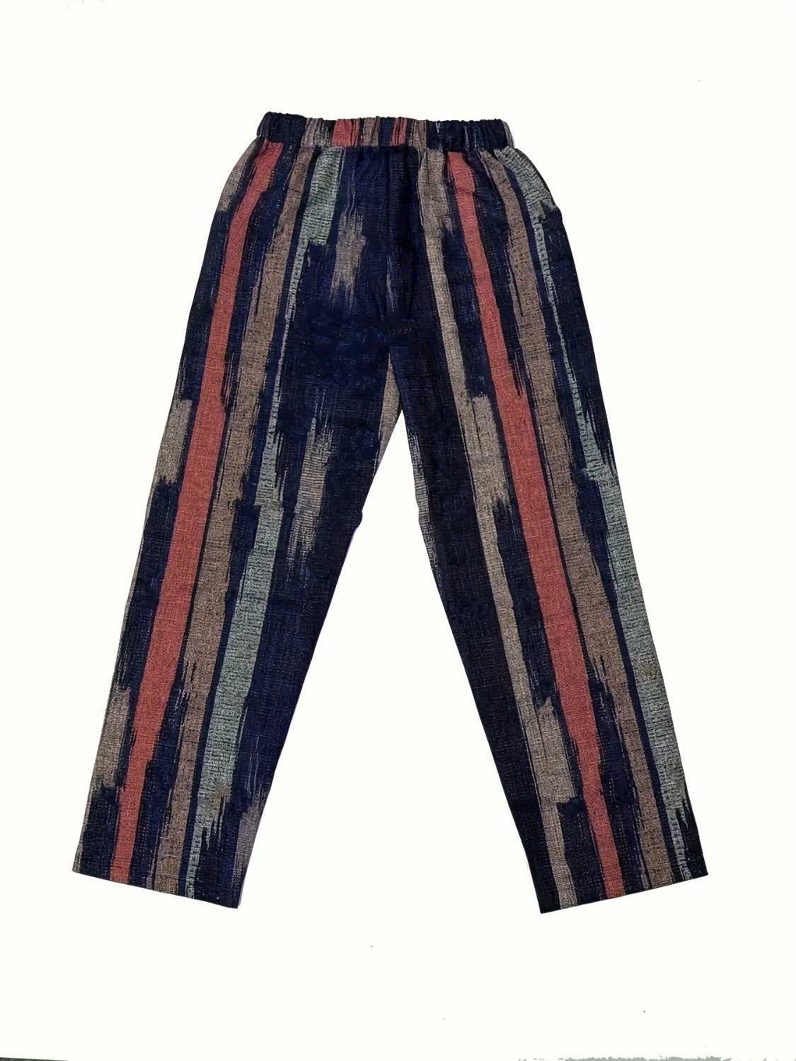 Striped pocketed elastic waist pants, opaque.