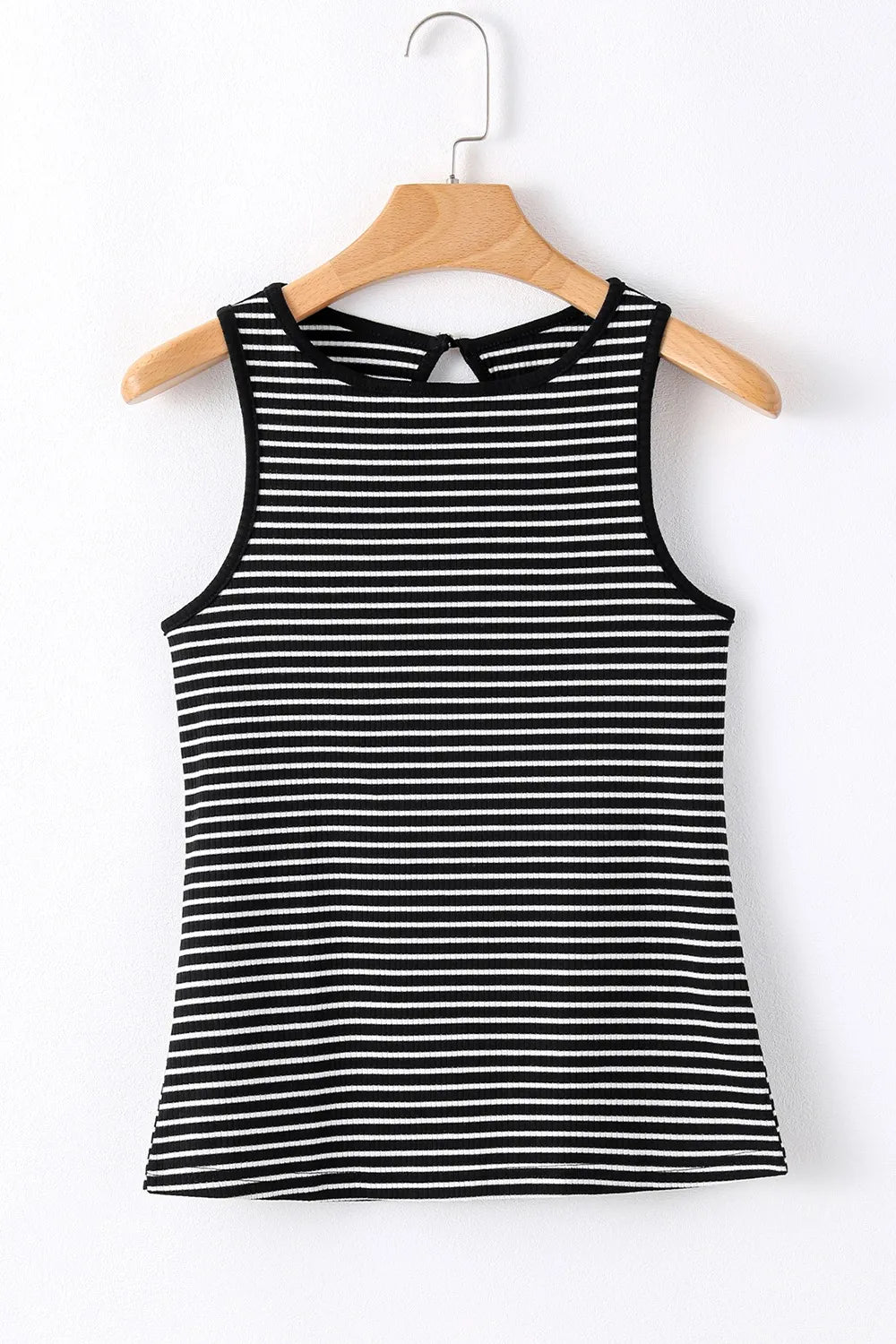 Striped ribbed round neck tank with cutout, opaque and slightly stretchy.