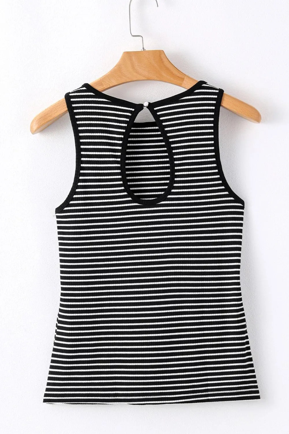 Striped ribbed round neck tank with cutout, opaque and slightly stretchy.