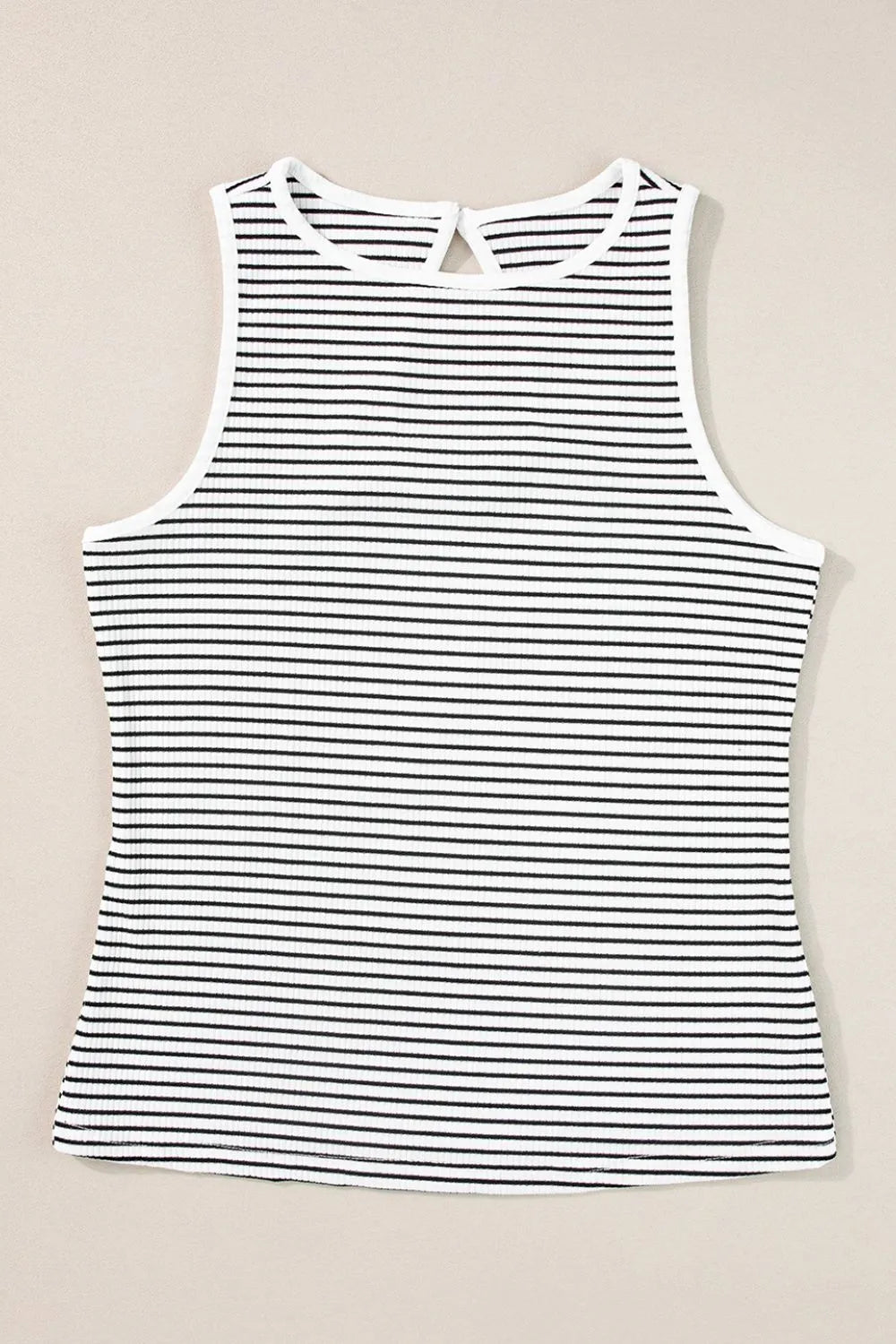 Striped ribbed round neck tank with cutout, opaque and slightly stretchy.