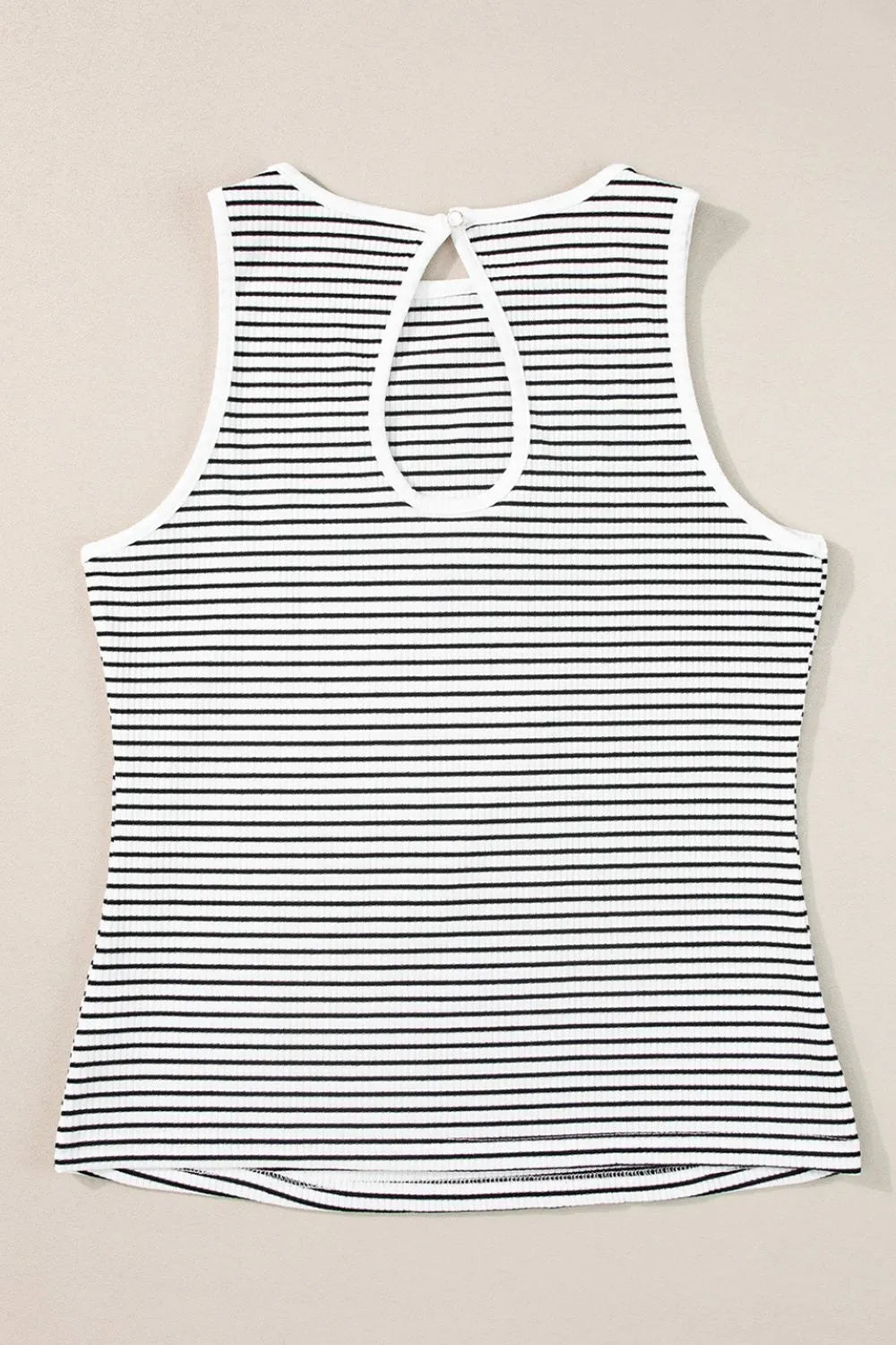 Striped ribbed round neck tank with cutout, opaque and slightly stretchy.