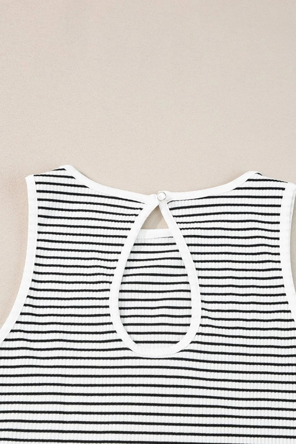 Striped ribbed round neck tank with cutout, opaque and slightly stretchy.