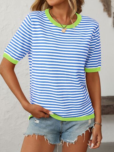 Mandy Striped Round Neck Half Sleeve Knit Top.