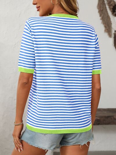 Mandy Striped Round Neck Half Sleeve Knit Top.