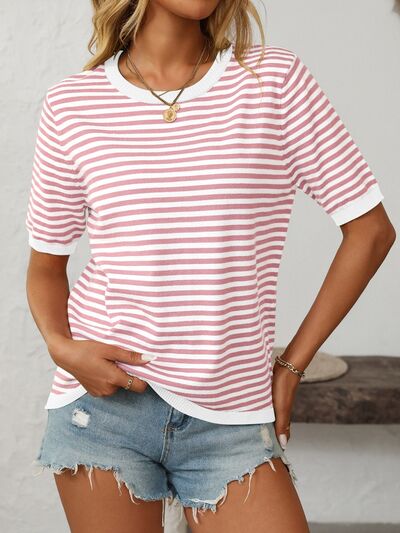 Mandy Striped Round Neck Half Sleeve Knit Top.