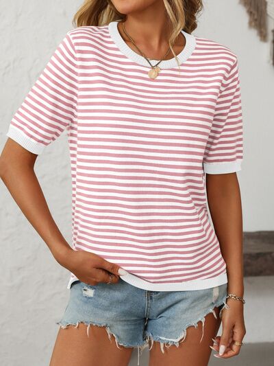 Mandy Striped Round Neck Half Sleeve Knit Top.