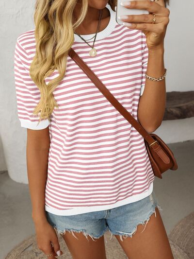 Mandy Striped Round Neck Half Sleeve Knit Top.